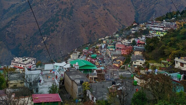 aerial view of a village along the hill in chamoli